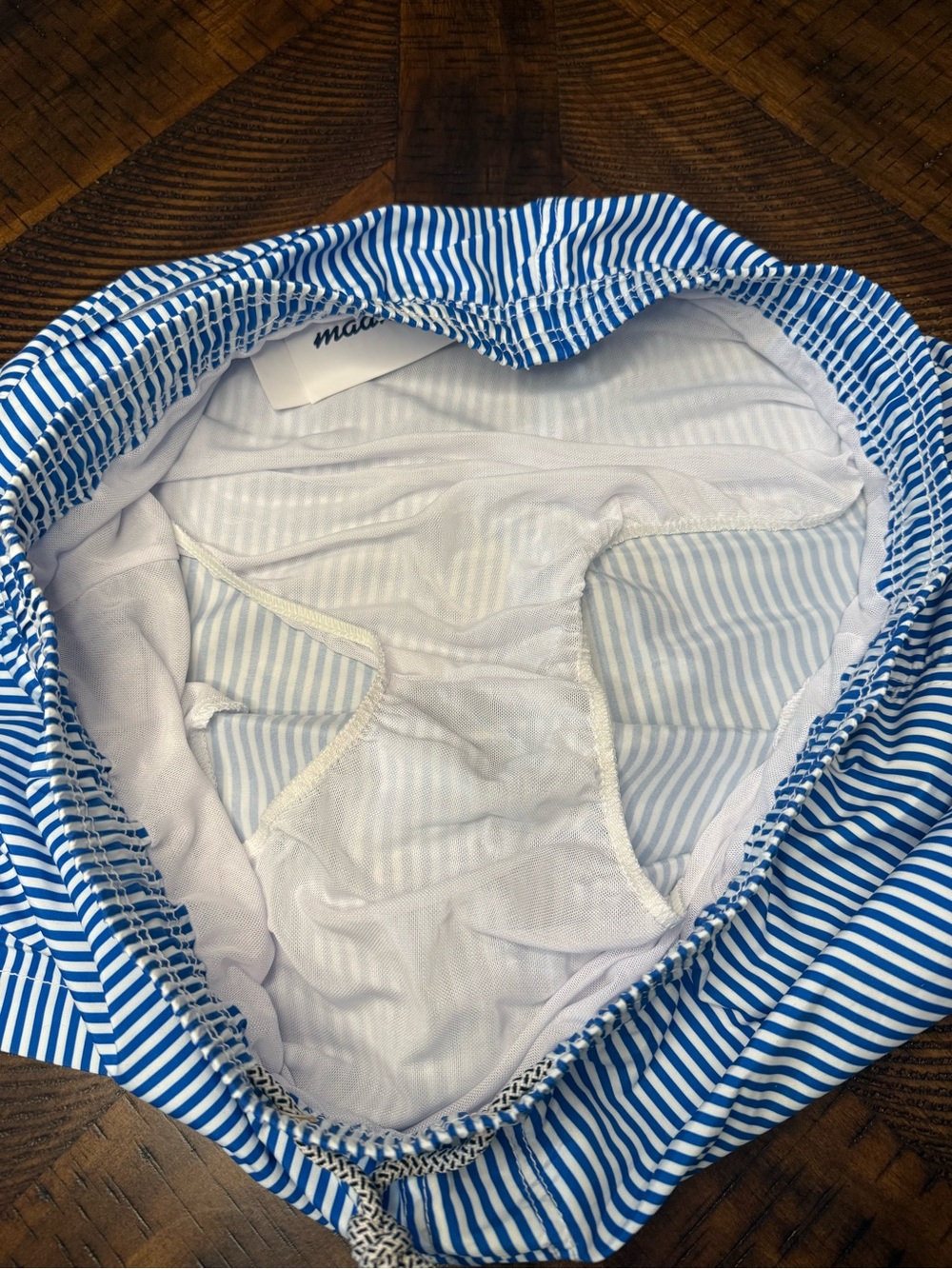 Men's Navy & White Pinstripe Swim Trunks with Drawstring Waist - Picture 9 of 9